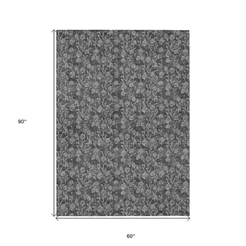 5' X 8' Gray Charcoal And Silver Floral Washable Indoor Outdoor Area Rug