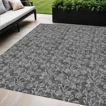 5' X 8' Gray Charcoal And Silver Floral Washable Indoor Outdoor Area Rug
