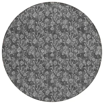 8' Gray Charcoal And Silver Round Floral Washable Indoor Outdoor Area Rug