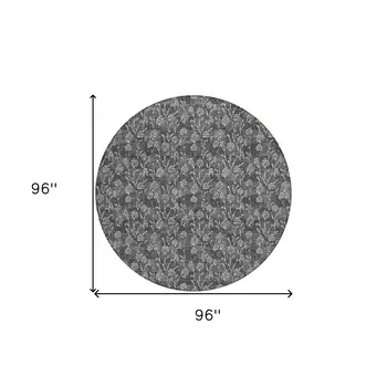 8' Gray Charcoal And Silver Round Floral Washable Indoor Outdoor Area Rug