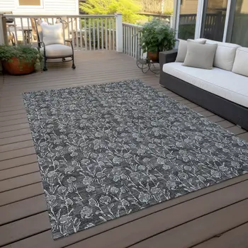 9' X 12' Gray Charcoal And Silver Floral Washable Indoor Outdoor Area Rug