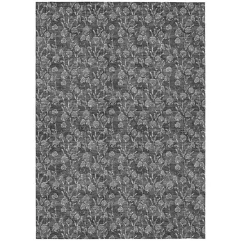 9' X 12' Gray Charcoal And Silver Floral Washable Indoor Outdoor Area Rug