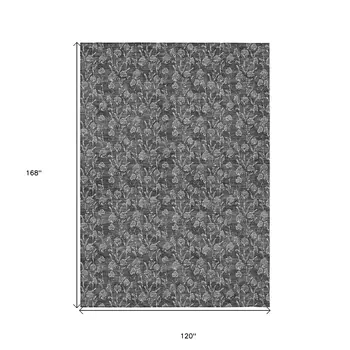10' X 14' Gray Charcoal And Silver Floral Washable Indoor Outdoor Area Rug