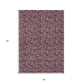 3' X 5' Merlot Mauve And Ivory Floral Washable Indoor Outdoor Area Rug