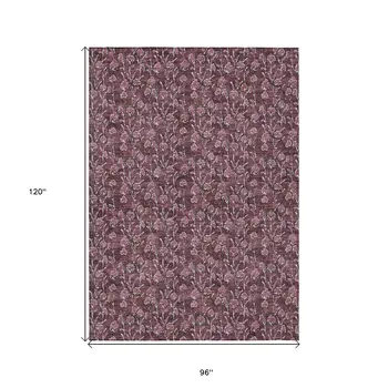 8' X 10' Merlot Mauve And Ivory Floral Washable Indoor Outdoor Area Rug