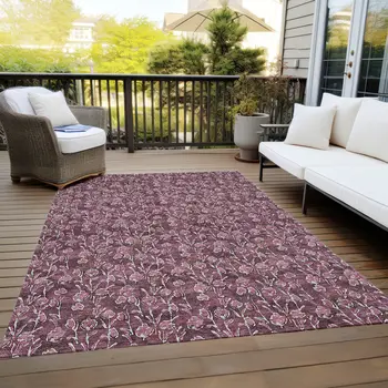 9' X 12' Merlot Mauve And Ivory Floral Washable Indoor Outdoor Area Rug