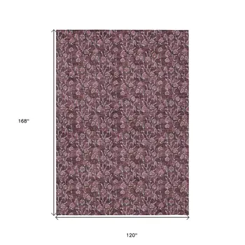 10' X 14' Merlot Mauve And Ivory Floral Washable Indoor Outdoor Area Rug