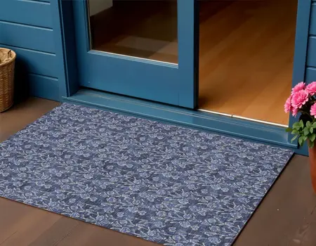 3' X 5' Navy Blue Denim Blue And Ivory Floral Washable Indoor Outdoor Area Rug