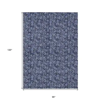 8' X 10' Navy Blue Denim Blue And Ivory Floral Washable Indoor Outdoor Area Rug
