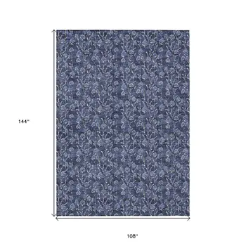 9' X 12' Navy Blue Denim Blue And Ivory Floral Washable Indoor Outdoor Area Rug