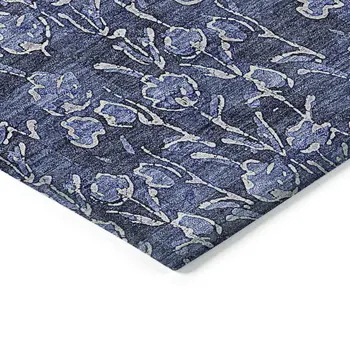9' X 12' Navy Blue Denim Blue And Ivory Floral Washable Indoor Outdoor Area Rug