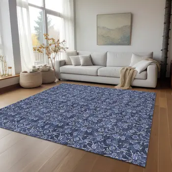 9' X 12' Navy Blue Denim Blue And Ivory Floral Washable Indoor Outdoor Area Rug