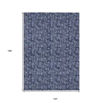 10' X 14' Navy Blue Denim Blue And Ivory Floral Washable Indoor Outdoor Area Rug