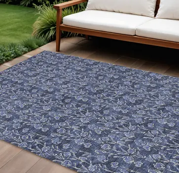 10' X 14' Navy Blue Denim Blue And Ivory Floral Washable Indoor Outdoor Area Rug