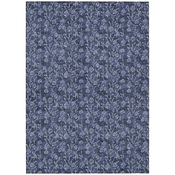 10' X 14' Navy Blue Denim Blue And Ivory Floral Washable Indoor Outdoor Area Rug