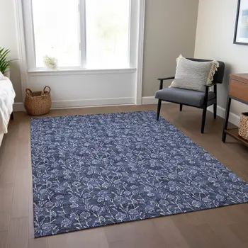 10' X 14' Navy Blue Denim Blue And Ivory Floral Washable Indoor Outdoor Area Rug