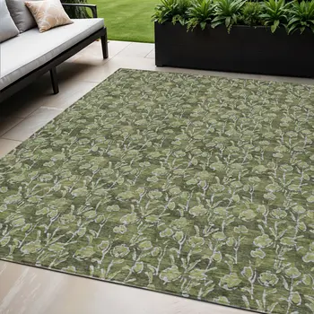 5' X 8' Olive Green Artichoke Green And Ivory Floral Washable Indoor Outdoor Area Rug