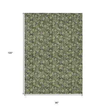 8' X 10' Olive Green Artichoke Green And Ivory Floral Washable Indoor Outdoor Area Rug