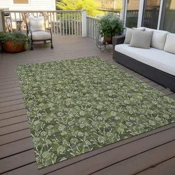 8' X 10' Olive Green Artichoke Green And Ivory Floral Washable Indoor Outdoor Area Rug
