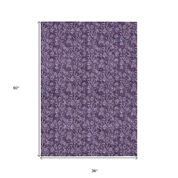 3' X 5' Purple Eggplant And Ivory Floral Washable Indoor Outdoor Area Rug