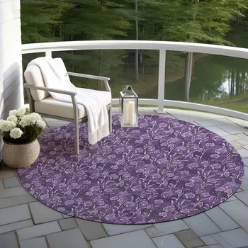 8' Purple Eggplant And Ivory Round Floral Washable Indoor Outdoor Area Rug