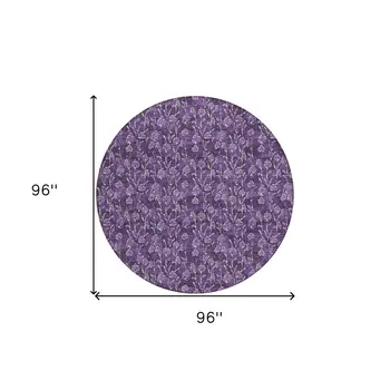 8' Purple Eggplant And Ivory Round Floral Washable Indoor Outdoor Area Rug