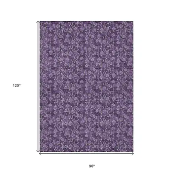 8' X 10' Purple Eggplant And Ivory Floral Washable Indoor Outdoor Area Rug