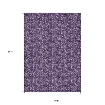 9' X 12' Purple Eggplant And Ivory Floral Washable Indoor Outdoor Area Rug