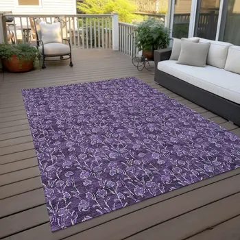 9' X 12' Purple Eggplant And Ivory Floral Washable Indoor Outdoor Area Rug