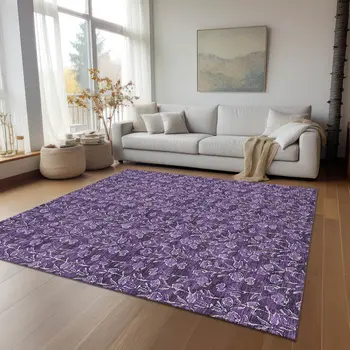 10' X 14' Purple Eggplant And Ivory Floral Washable Indoor Outdoor Area Rug