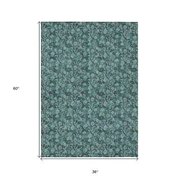 3' X 5' Teal Blue Aqua And Ivory Floral Washable Indoor Outdoor Area Rug