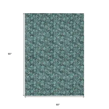 5' X 8' Teal Blue Aqua And Ivory Floral Washable Indoor Outdoor Area Rug