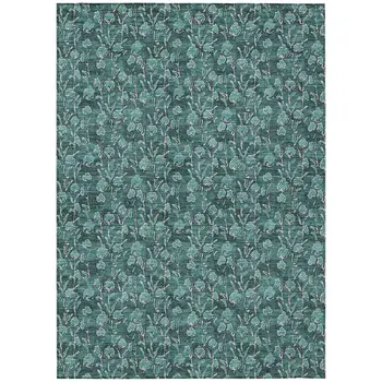 5' X 8' Teal Blue Aqua And Ivory Floral Washable Indoor Outdoor Area Rug
