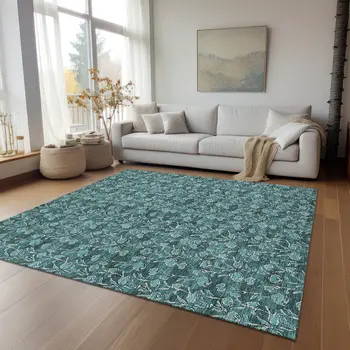 5' X 8' Teal Blue Aqua And Ivory Floral Washable Indoor Outdoor Area Rug
