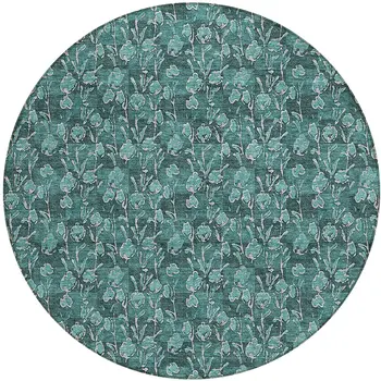 8' Teal Blue Aqua And Ivory Round Floral Washable Indoor Outdoor Area Rug