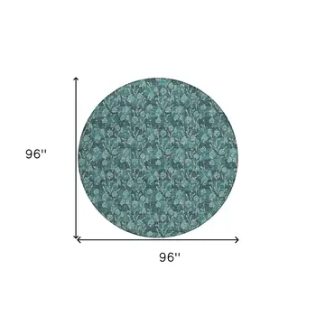8' Teal Blue Aqua And Ivory Round Floral Washable Indoor Outdoor Area Rug