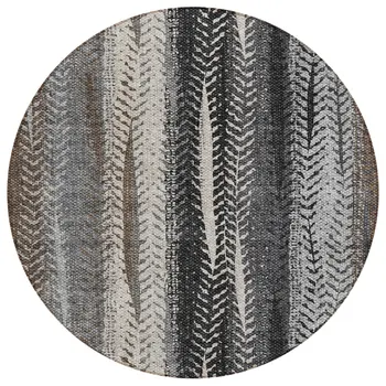 8' Brown Gray And Ivory Round Botanical Leaves Washable Indoor Outdoor Area Rug