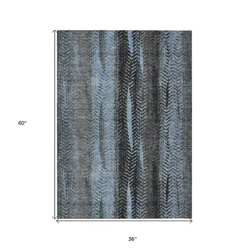 3' X 5' Blue Gray And Charcoal Botanical Leaves Washable Indoor Outdoor Area Rug