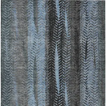 5' X 8' Blue Gray And Charcoal Botanical Leaves Washable Indoor Outdoor Area Rug