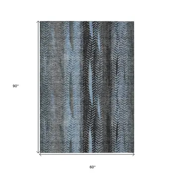 5' X 8' Blue Gray And Charcoal Botanical Leaves Washable Indoor Outdoor Area Rug