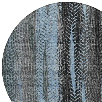8' Blue Gray And Charcoal Round Botanical Leaves Washable Indoor Outdoor Area Rug