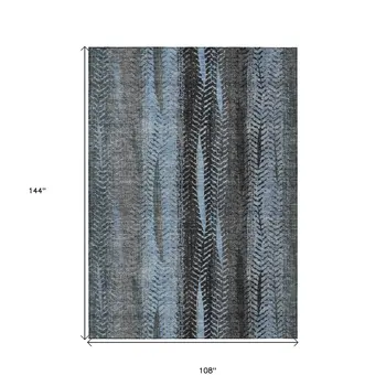 9' X 12' Blue Gray And Charcoal Botanical Leaves Washable Indoor Outdoor Area Rug