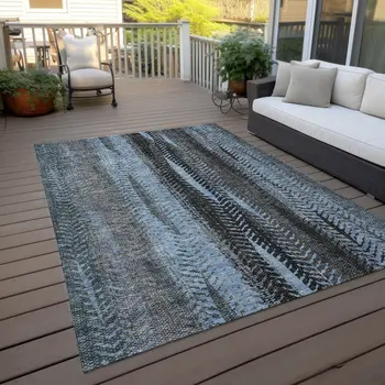 9' X 12' Blue Gray And Charcoal Botanical Leaves Washable Indoor Outdoor Area Rug