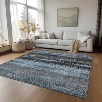 9' X 12' Blue Gray And Charcoal Botanical Leaves Washable Indoor Outdoor Area Rug