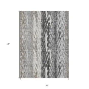 3' X 5' Khaki Ivory And Gray Botanical Leaves Washable Indoor Outdoor Area Rug