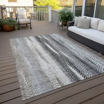 3' X 5' Khaki Ivory And Gray Botanical Leaves Washable Indoor Outdoor Area Rug