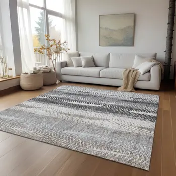 3' X 5' Khaki Ivory And Gray Botanical Leaves Washable Indoor Outdoor Area Rug