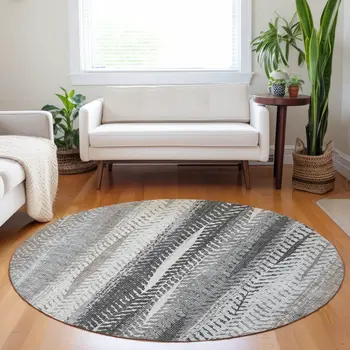 8' Khaki Ivory And Gray Round Botanical Leaves Washable Indoor Outdoor Area Rug