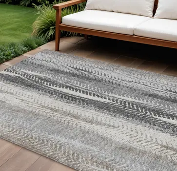 8' X 10' Khaki Ivory And Gray Botanical Leaves Washable Indoor Outdoor Area Rug