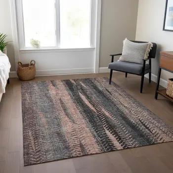 5' X 8' Blue Charcoal And Copper Botanical Leaves Washable Indoor Outdoor Area Rug